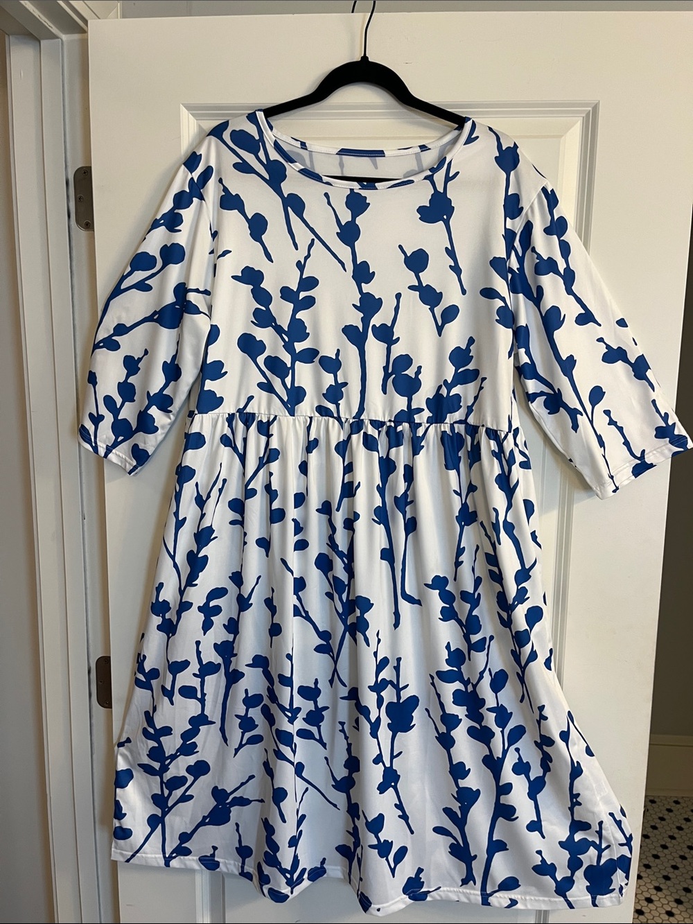 Beautiful White Midi Dress with Blue Floral Print